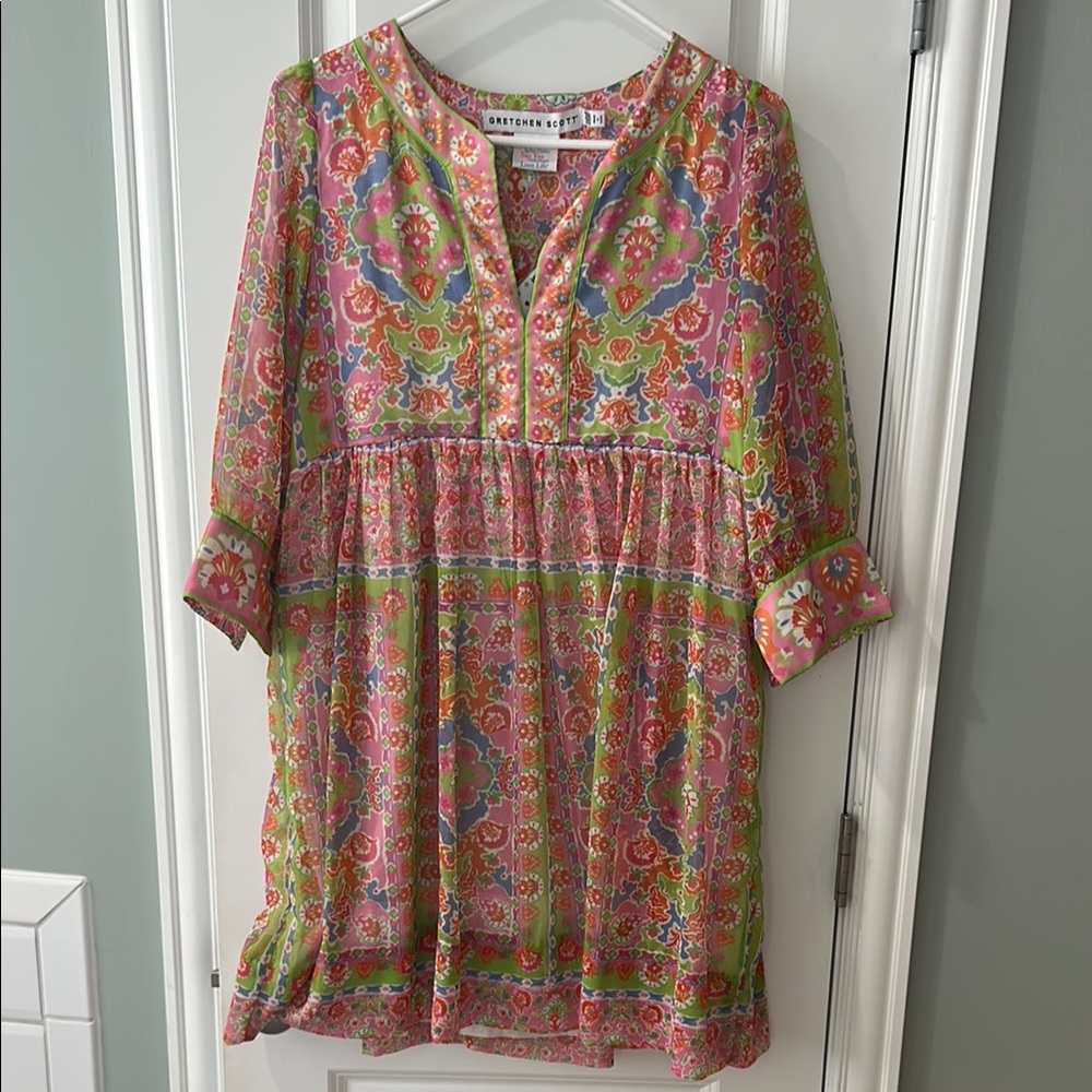 Gretchen Scott Designs Pink and Yellow Mini Dress Relaxed Tunic Style